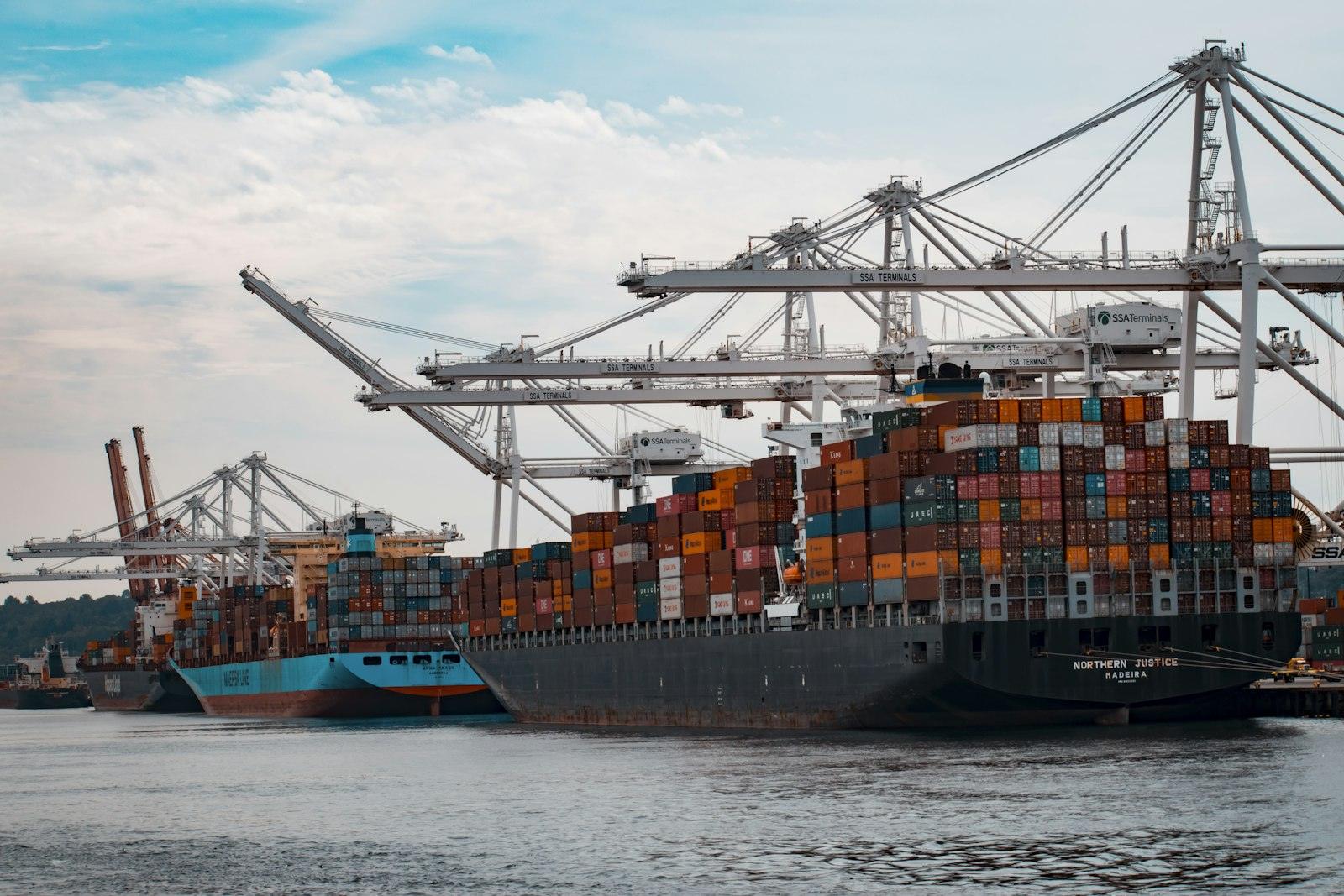 Gantry cranes loading a container vessel