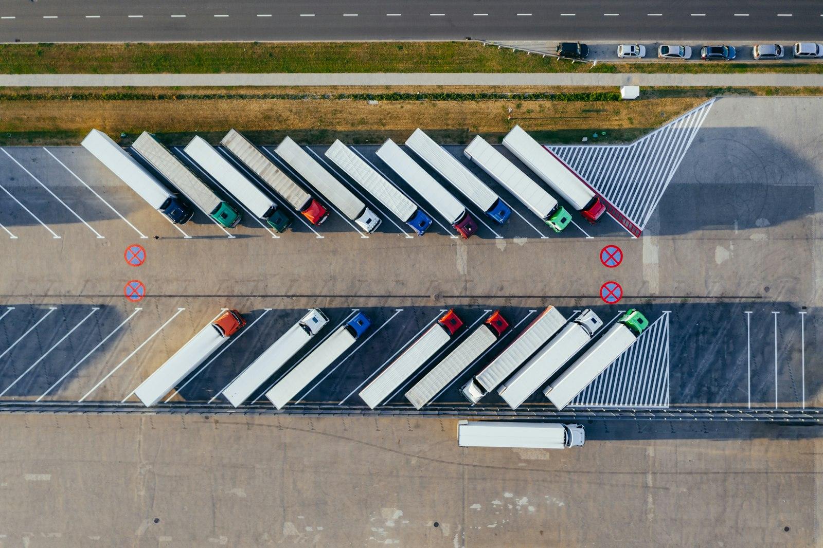 Aerial view of trailers lined up at a logistics yard